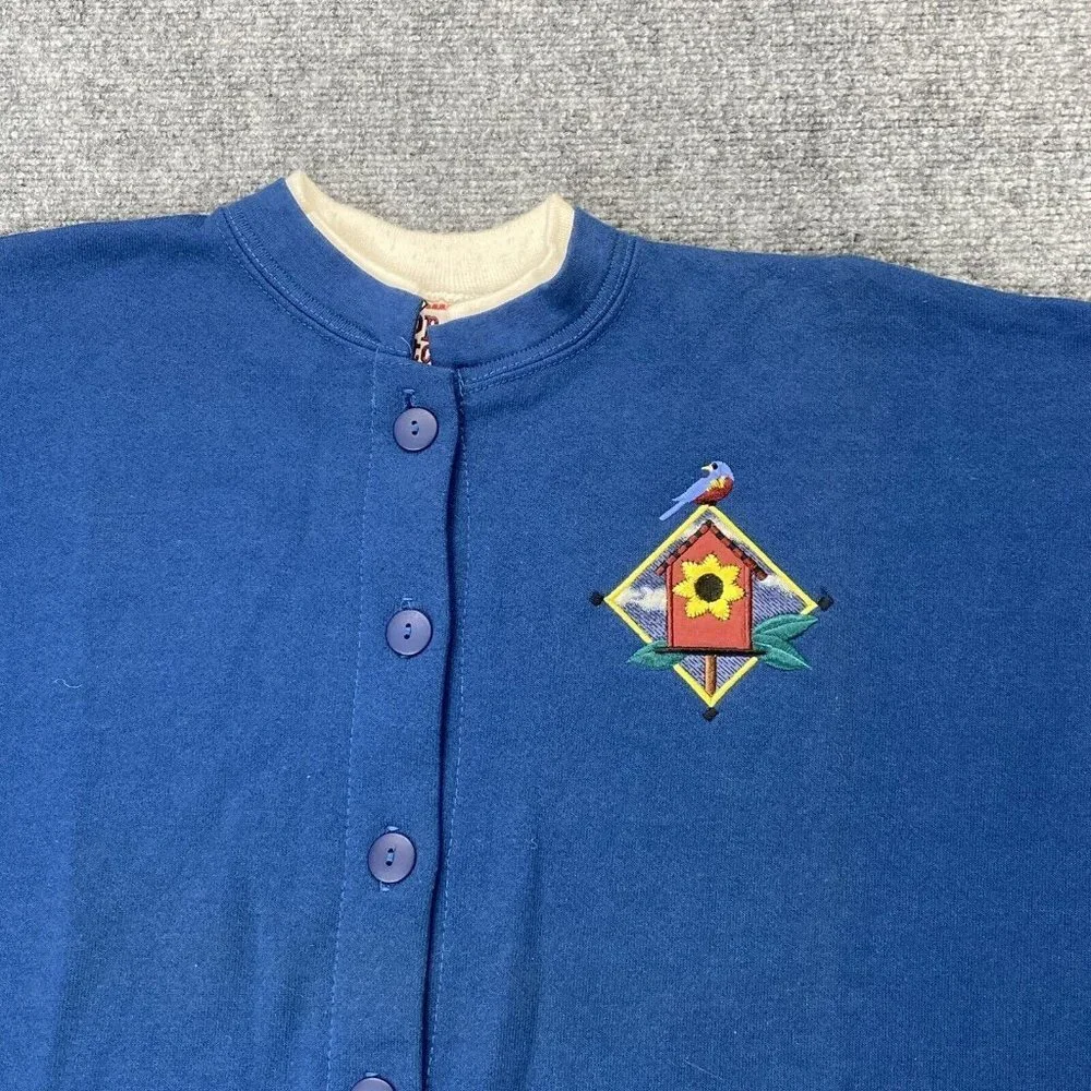 VTG‎ Morning Sun Top Stitch Cardigan Sweatshirt L Blue Birdhouse Embroidered USA